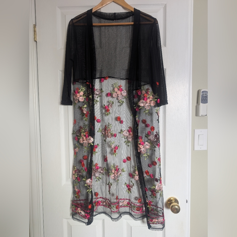 Floral Embroidered Sheer Black Kimono